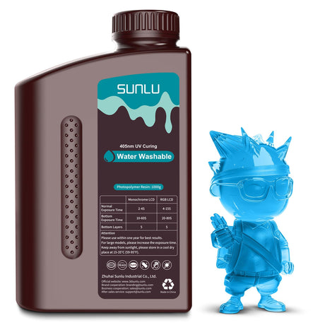 SUNLU Water Washable Resin 1000g, Fast Curing 3D Printer Resin for LCD DLP SLA 3D Printers, 395 to 405nm UV Curing 3D Printing Liquid Photopolymer Resin, Low Shrinkage High Precision, 1kg, Clear Blue SUNLU