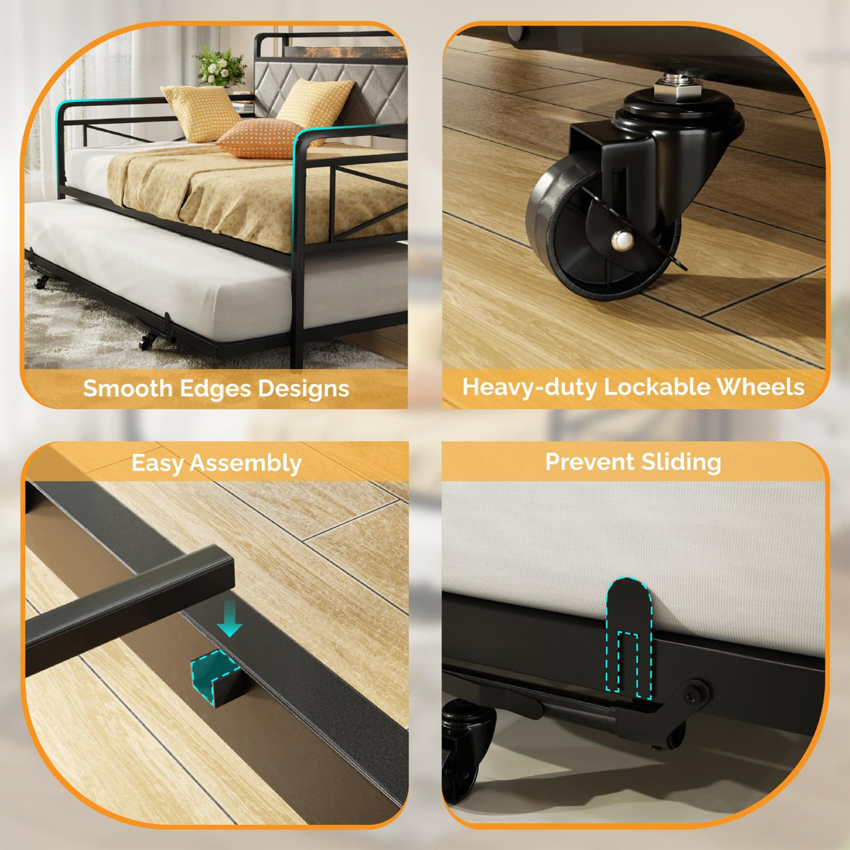 VINGLI Twin Daybed with Trundle Bed, Sofa DayBed with LED Light & Charing Station, Upholstered Bed Frame with Storage Headboard and Heavy Duty Metal Slats, for Living Room, Bedroom, Guest Room, Gray VINGLI