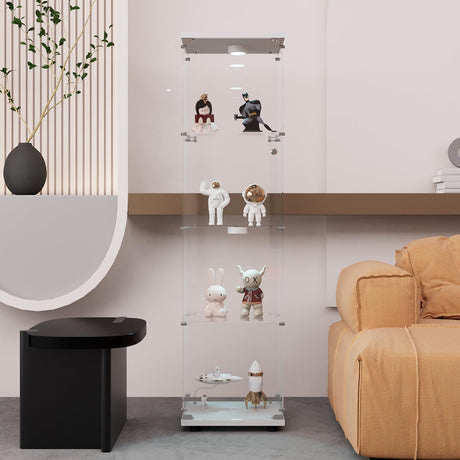 GDJAASJI Glass Display Cabinet with LED Light and Lock, 4-Shelf Curio Cabinets with 5mm Tempered Glass Floor Standing Bookshelf (64" Hx 16.7" W x 14.3" D, White) GDJAASJI