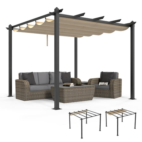 VINGLI 10’x 10' Outdoor Pergola Aluminum Retractable Pergola Canopy with Adjustable Roof, Patio Pergola for Deck, Porch, Garden, Yard (Khaki) VINGLI
