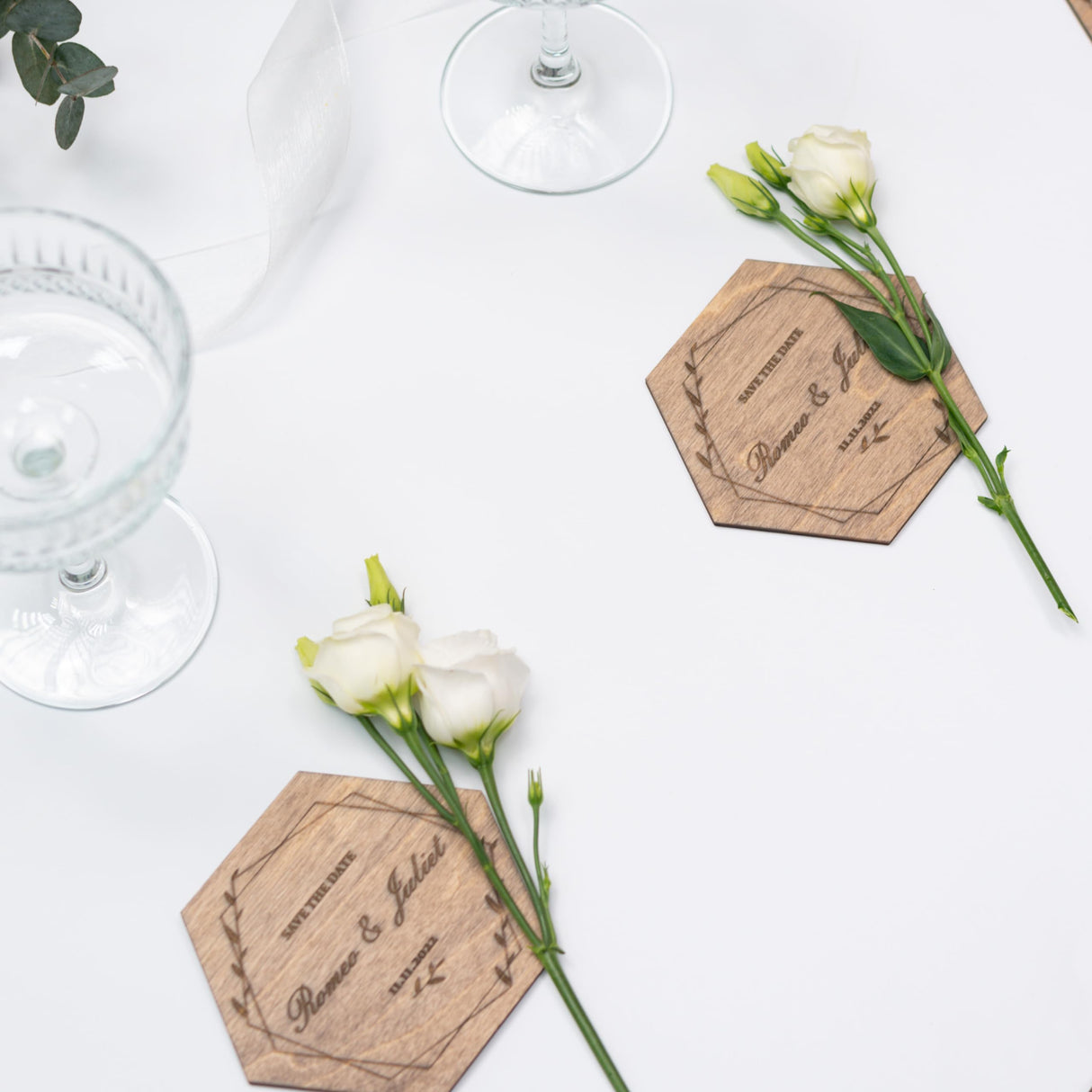 Personalized Wedding Coaster Rustic Decor - Wedding Favors Couple Gifts Wooden Save The Date Monogram Custom Cup Mug - Coasters Ceremony Invitations with Calendar (Hexagon) Enjoy The Wood