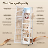 HOOBRO LED Lockable Jewelry Cabinet, Jewelry Organizer on Wheels, Standing Jewelry Armoire, Frameless Full-Length Mirror 4 Storage Shelves Foldable Makeup Tray Jewelry Cabinet Armoire, White WT06JC04 HOOBRO