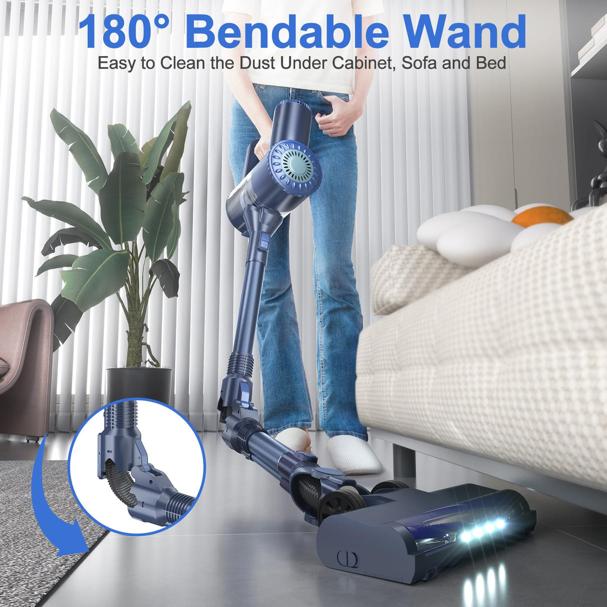 PRETTYCARELIFE Cordless Vacuum Cleaner, Lightweight Stick Vacuum Cleaner, 6 in 1, Self-Standing with Powerful Suction, 180° Bendable Wand Rechargeable Cordless Vacuum for Hardwood Floor (Blue) PRETTYCARELIFE