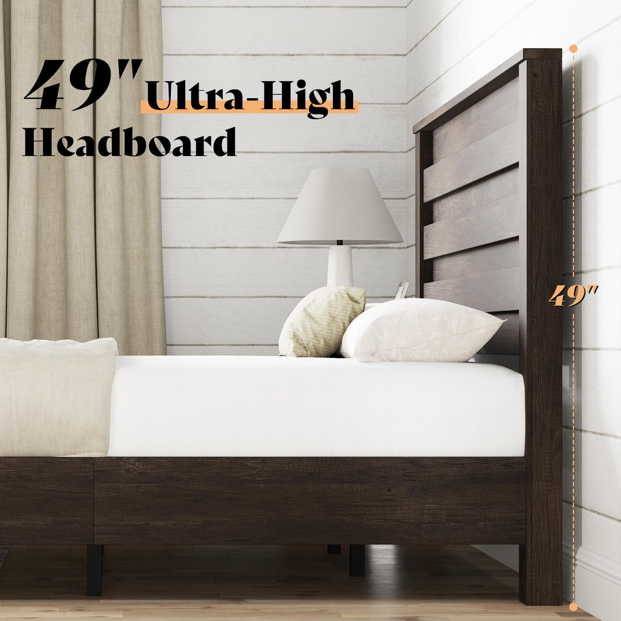 AMERLIFE Farmhouse King Size Bed Frame with 49" Fluted Headboard, Wood Platform Bed with Natural Grain, No Box Spring Needed/Noise Free, Gray AMERLIFE