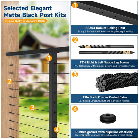 Gyykzz 5FT-8FT Porch Railing, 36" Matte Black Level Drilled Cable Railing Post Kits System for Outdoor Wood Porch with 1 Stainless Steel Railing Post, 99ft Black Cable, 20 Thread Swage Lag Screws Gyykzz