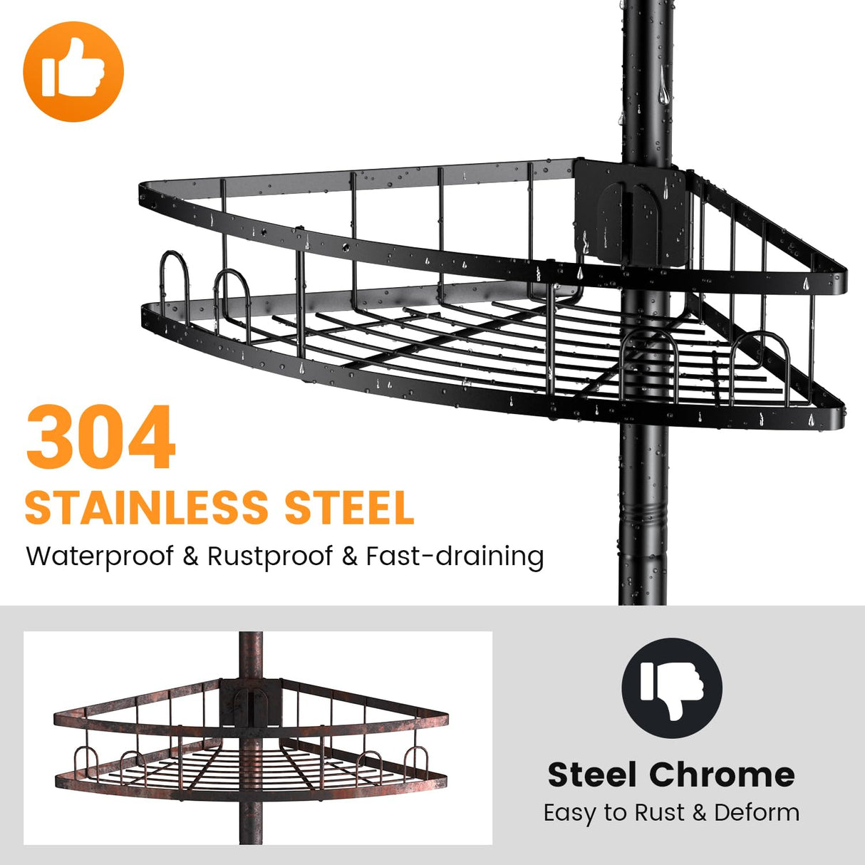 Foukus Tension Pole Shower Caddy Corner: Adjustable 4tier Bathroom Organizer Shelves - Rustproof Bathtub Shampoo Rack 43.5-120 inch Foukus