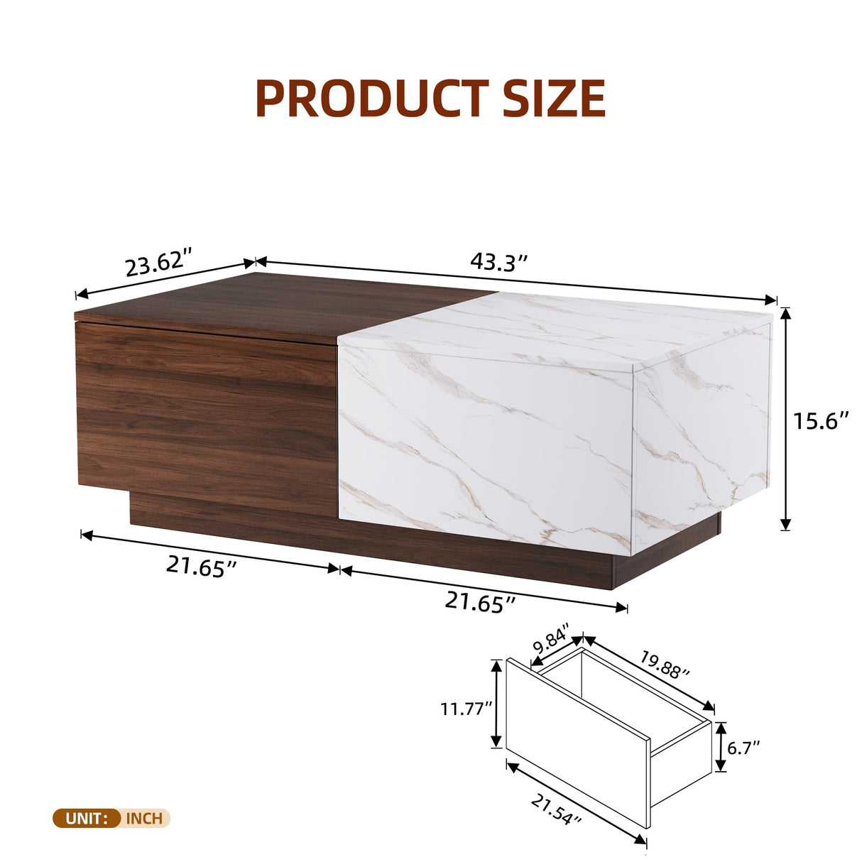 Lift Top Coffee Tables for Living Room, 43" LED Wooden Center Tables with Storage Shelf, Hidden Compartment and Drawer for Home (Walnut Grain and Marble White) Svimi