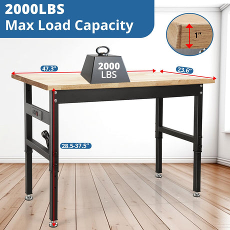 48" Adjustable Workbench for Garage, Heavy-Duty Bamboo Wood Top Work Bench with Power Outlets, Hardwood Work Table Workstation for Workshop, Office, Home BMJX US