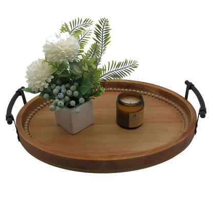 Oval Rustic Wooden Decorative Tray, Serving Tray with Metal Handles, Ottoman Coffee Table Tray, Farmhouse Centerpiece for Kitchen or Living Room (Brown)