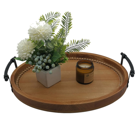 Oval Rustic Wooden Decorative Tray, Serving Tray with Metal Handles, Ottoman Coffee Table Tray, Farmhouse Centerpiece for Kitchen or Living Room (Brown)