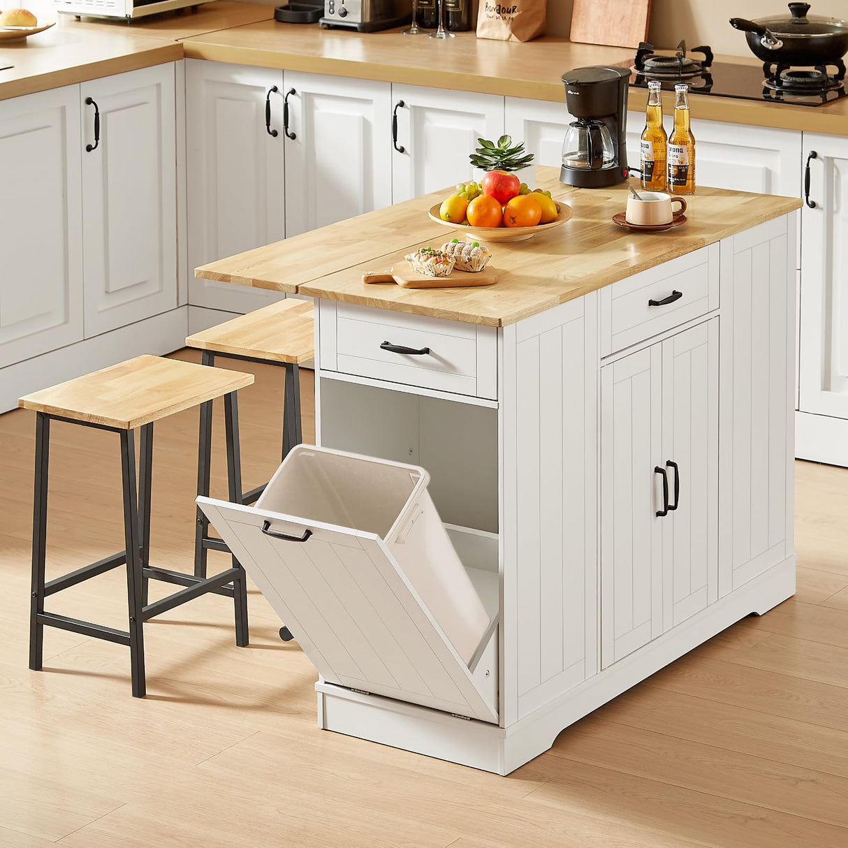ONBRILL Stationary Kitchen Islands Include 2 Chairs, 47" Kitchen Island with Drop Leaf, Home Bar Table with Spice Rack & with Trash Cabinet, Island Table for Dining Room with Power Outlet, White ONBRILL