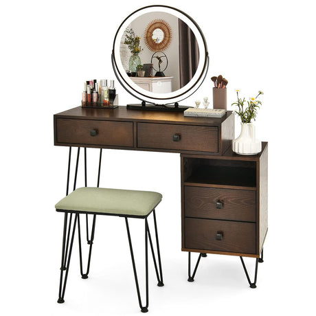 Byroce Vanity Desk w/Lights & Mirror, Makeup Vanity Set w/ 4 Large Drawers & Jewelries Organizer, 3 Color Light Options, Industrial Dressing Table & Stool (Espresso) WoodArtSupply