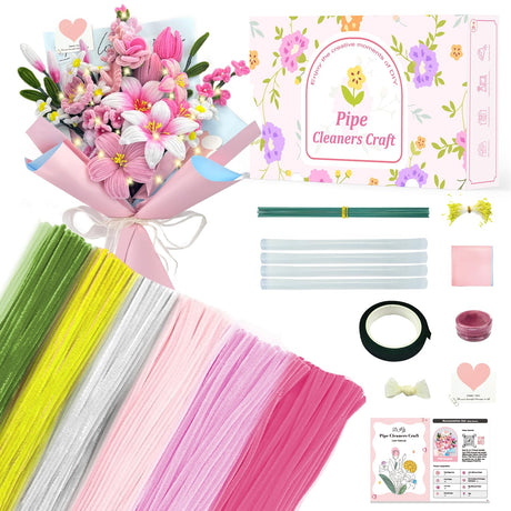 Arts and Crafts, 500 pcs Pipe Cleaners Craft Kits for Kids Adults, DIY Flower Art Project w/Video & Bouquet Wrapping, Flower Stems, Stamens, Tape, 8 10 12 16 Girls Gifts, Mom Birthday Christmas Decor Careenoah