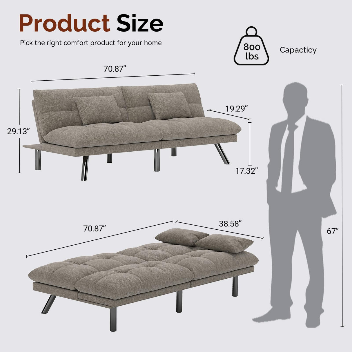 homeokay Futon Sofa Bed Convertible 70 inch Solid Wood Couch for Living Room, Chenille Fabric, 2 Cushions (Gray) homeokay