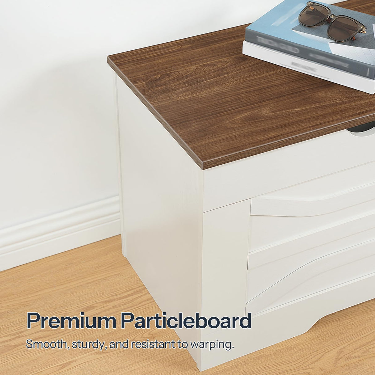 HOOBRO Farmhouse Storage Bench, Toy Box with Safety Hinges, Wooden Storage Chest with Side Storage Cubby, 47.2''L x 15.7''W x 19.5''H, for Entryway, Bedroom, Living Room, White and Walnut WH96CW01 HOOBRO