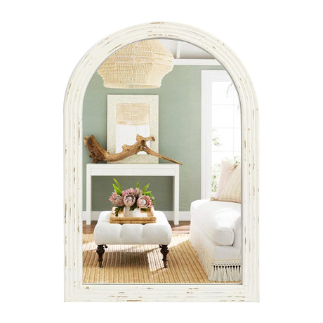 eodme Farmhouse Arched Wall Mirror, White Distressed Wood Mirror, Decorative Mirror for Bathroom Living Room Bedroom Entryway, 20''×30'' eodme