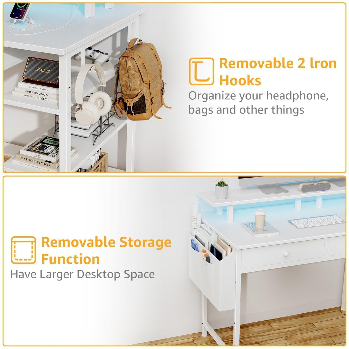 White Computer Desk with Shelves and Drawers - 47 Inch Home Office Desk with Drawers and Shelves, Small White Desk with Shelves, Computer Desk with Monitor Stand, RGB Gaming Desk with Power Outlet DLisiting