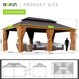 Aoxun 12' x 20' Hardtop Gazebo, Wooden Finish Coated Aluminum Frame Canopy, Galvanized Steel Double Top, Outdoor Permanent Metal Pavilion with Aoxun
