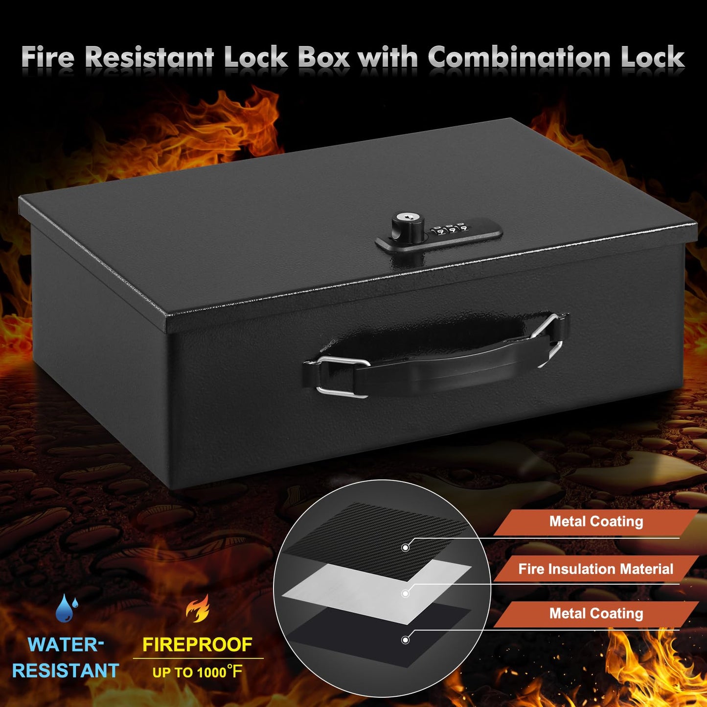 KYODOLED Fireproof Lock Box for Documents, Dual Combination and Key Lock Security with Carrying Handle, Metal Strong Safe Box to Keep Personal Items,Documents, Exterior 12.8" x 8.4" x 4.5", Black