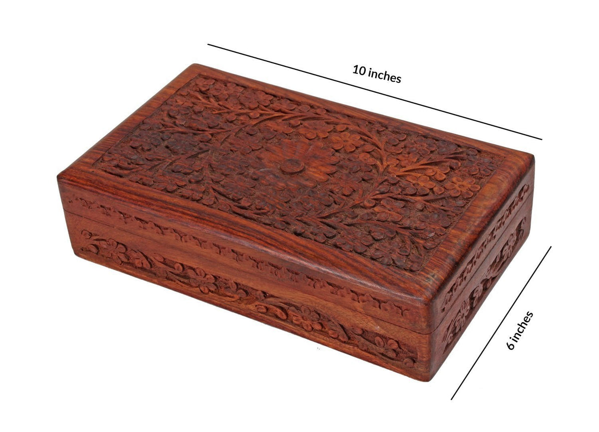 Deco 89 Multipurpose Handcrafted with Floral Carvings Antique Finished Wooden Jewellery Box Organiser, 8 x 5, Brown storeindya