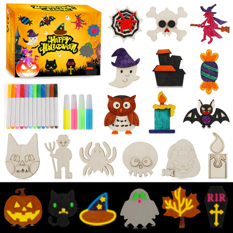 Worgree Halloween Crafts for Kids, 36 Pcs DIY Wooden Magnets Art Craft Supplies Painting Kit for Boys Girls Ages 4-8 8-12 Halloween Party Favors Gifts Basket Treat Goodie Bag Stuffers Classroom Prizes Worgree