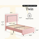 HOMBCK Twin Bed Frame, Pink Upholstered Bed Frame Twin Size with Diamond Tufted Headboard, Girls Twin Bed Frame with Faux Leather Headboard & Footboard, Wooden Slats Support, No Box Spring Needed HOMBCK