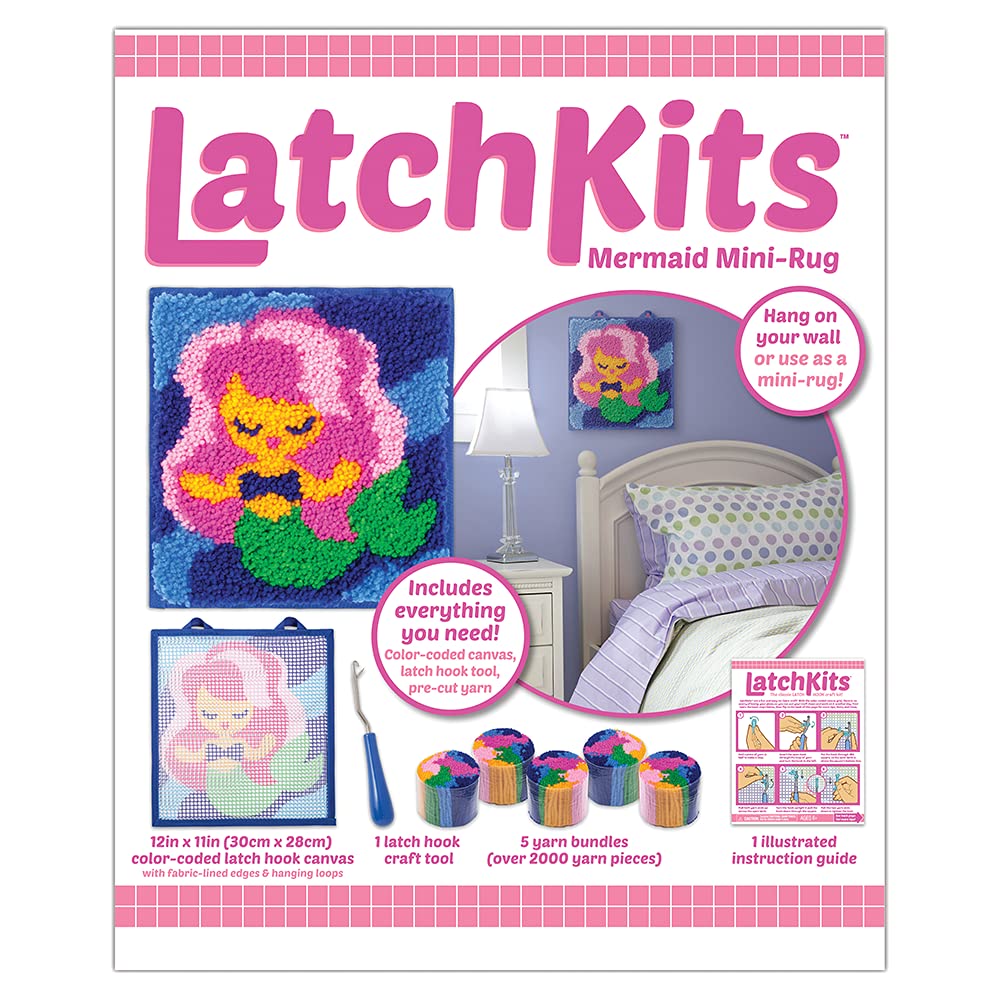 LatchKits Latch Hook Kits for Kids – Kids Crafts, Arts and Crafts, Yarn Art, Wall Hanging & Mini-Rugs, Craft Supplies, Pre-Cut Yarn, Easy to Follow Pattern, Hook Included, Arts & Craft, Ages 6+ LatchKits