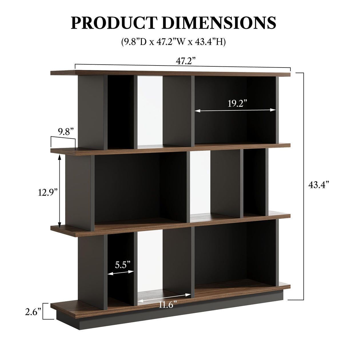 LIKEMET 3-Tier Horizontal Bookcase, 47'' Geometric Bookshelf with Anti-Tipping Kit, Open Modern Room Divider Display Shelf, Storage Organizer Shelf for Bedroom, Living Room, Office LIKEMET