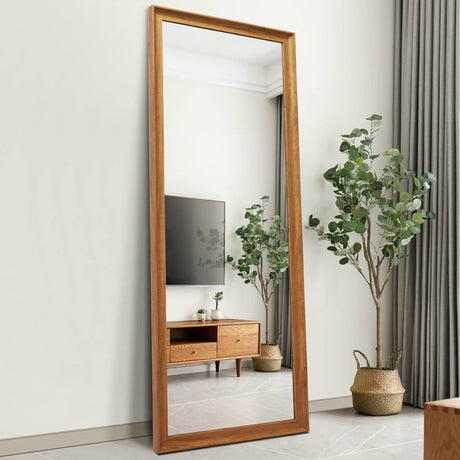 TheiaMo Full Length Mirror Wood Frame, 65×22in Floor Mirror Full Body Mirror with Standing Holder Hanging Wall Mirror, Stand Large HD Mirror, Dressing Mirror for Bedroom/Living Room, Dark Wood TheiaMo