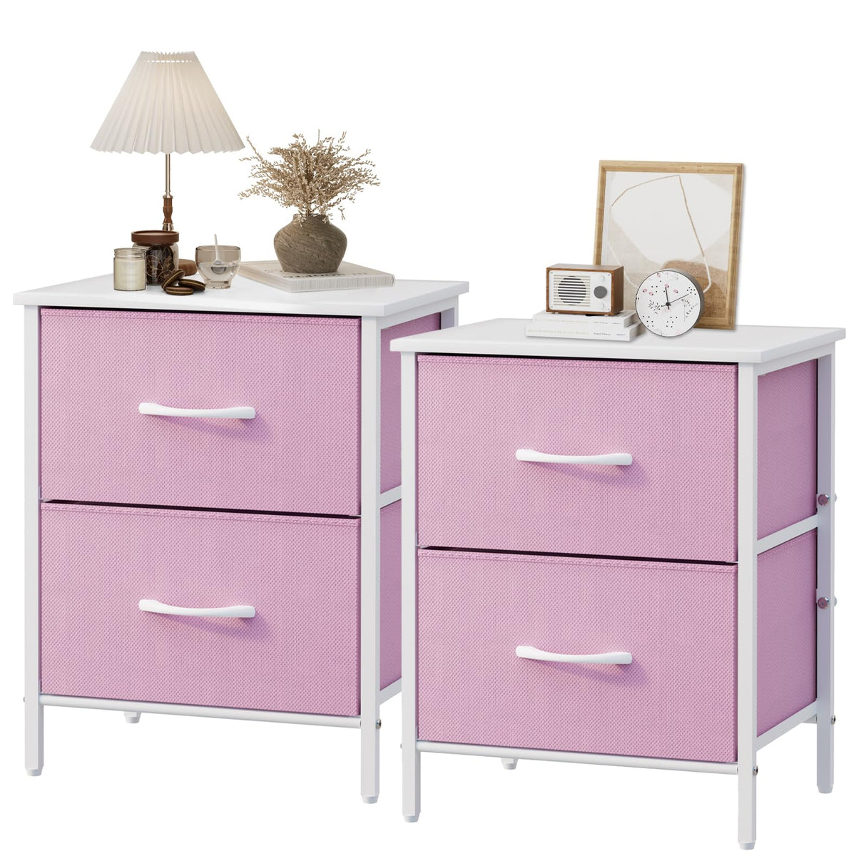 Stero Nightstand Set of 2, Kids Dresser with 2 Drawers, Steel Frame Bedside Furniture, Wood Top Fabric Night Stand, Colorful End Table for Home, Bedroom, Office, Pink Stero