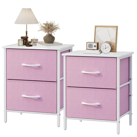 Stero Nightstand Set of 2, Kids Dresser with 2 Drawers, Steel Frame Bedside Furniture, Wood Top Fabric Night Stand, Colorful End Table for Home, Bedroom, Office, Pink Stero