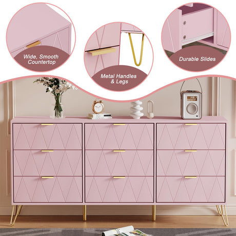 Anbuy Bedroom Sets 3 Pieces Pink Modern 9 Drawer Dresser and Nightstand Sets for Bedroom, Two Drawers Nightstand Set of 2 & 9 Drawer Dresser Combo 3 Pcs (Pink) Anbuy