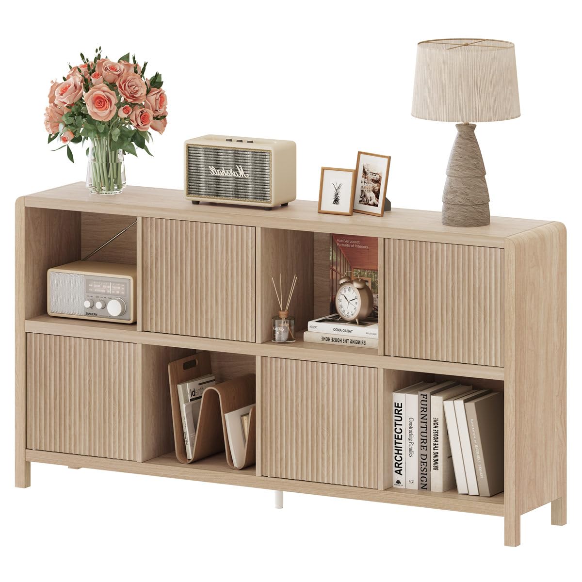 FATORRI 8 Cube Bookshelf with 4 Doors, Modern Mid Century Wood Book Shelf with Storage, Low Horizontal Cubby Bookcase for Home Office (Light Walnut) FATORRI