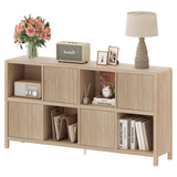 FATORRI 8 Cube Bookshelf with 4 Doors, Modern Mid Century Wood Book Shelf with Storage, Low Horizontal Cubby Bookcase for Home Office (Light Walnut) FATORRI