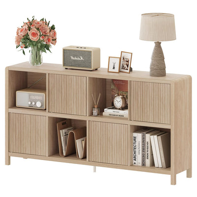 FATORRI 8 Cube Bookshelf with 4 Doors, Modern Mid Century Wood Book Shelf with Storage, Low Horizontal Cubby Bookcase for Home Office (Light Walnut)