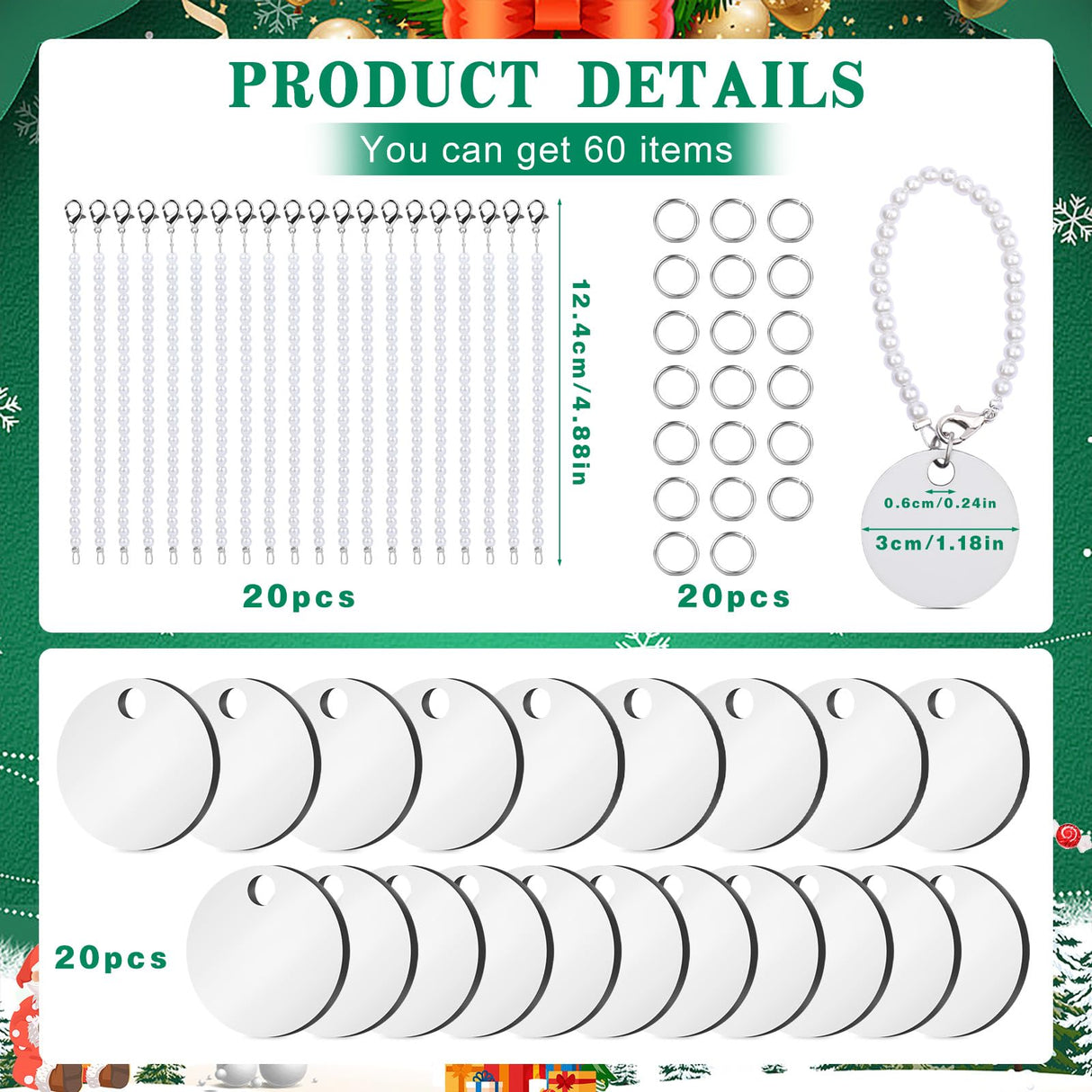 JNENERY Round Sublimation Key Chains Blanks, 60PCS Sublimation Keychain Blanks Bulk, Sublimation Charm Accessories for Cup, MDF Blank Double Sided with Plastic Pearl Chain for DIY and Craft JNENERY