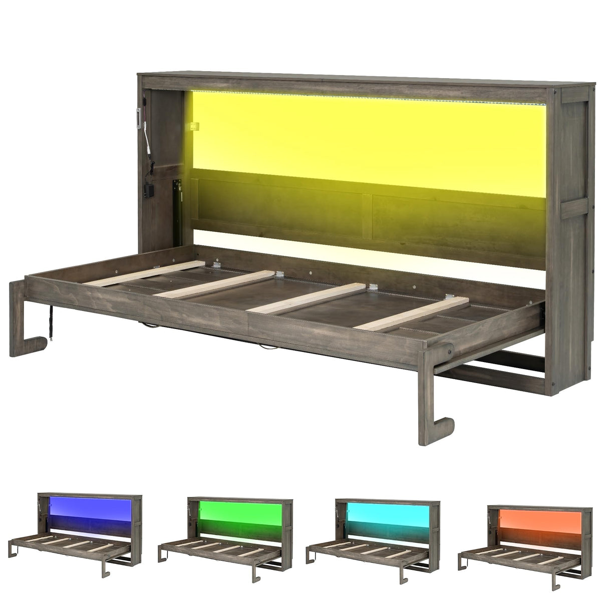 Merax Twin Size Murphy Bed with LED Light, can be Folded into a Cabinet, Hidden Wall Cabinet Murphy Bed for Bedroom Living Room Guest Room, Brown Merax