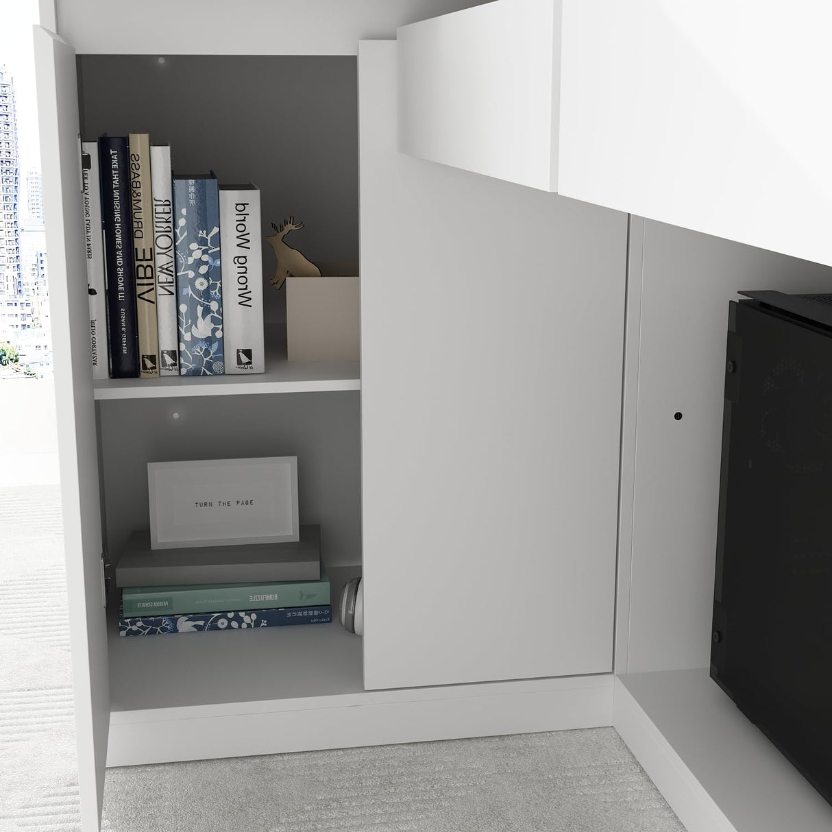 ECACAD Large L-Shaped Reception Desk with 3 Drawers, 15 Open Shelves, Counter Top & Monitor Stand, Office Desk Reception Counter Table with File Cabinet, White (70.9”L x 47.2”D x 39.43”H) ECACAD