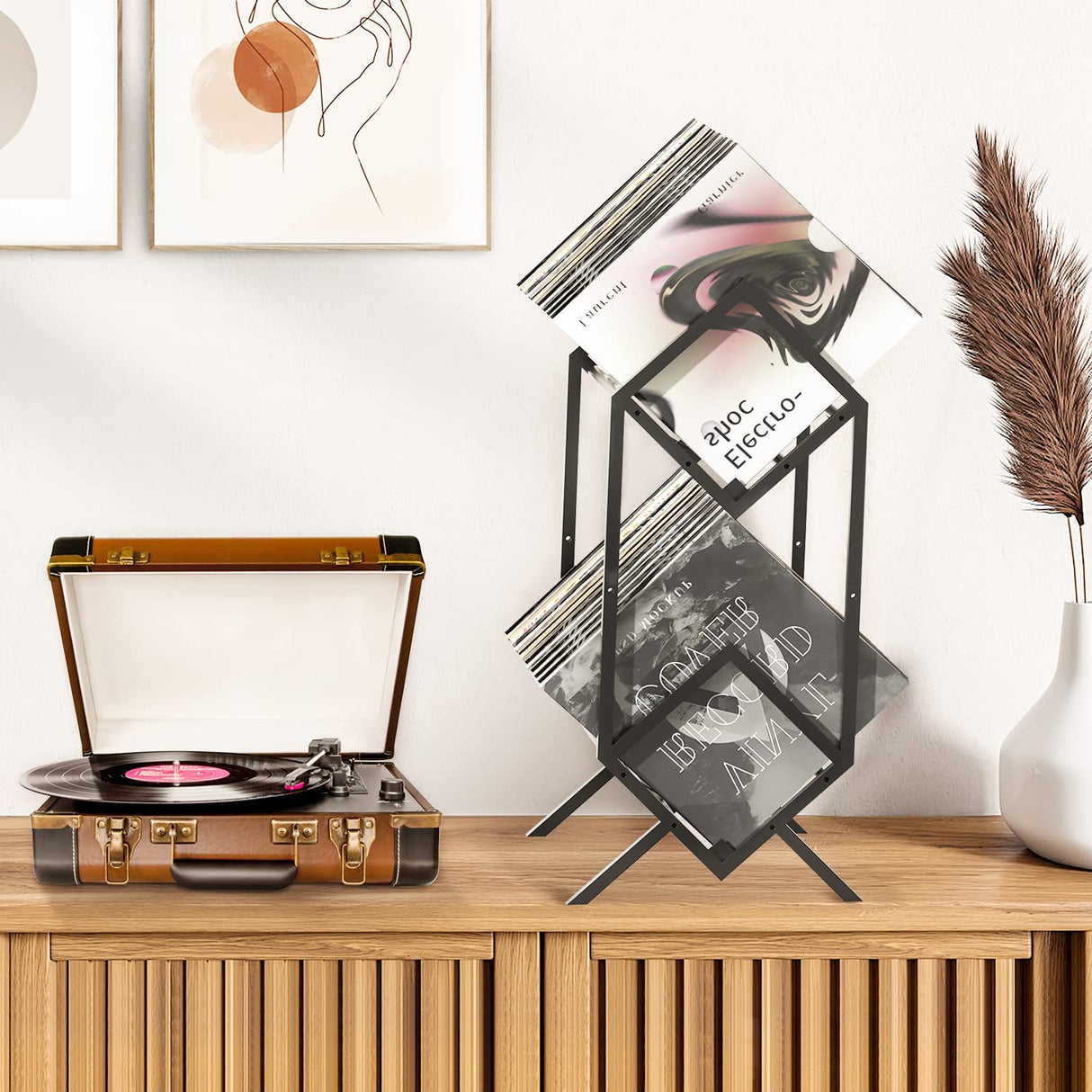 RUILALIFE 2-Tier-Vinyl-Record-Storage-Holder With Dividers, 200 LPs Albums Storage Rack Shelf, Steel Music Records Display Shelf Organizer For Book, Magazine, Files,Matte Black RUILALIFE