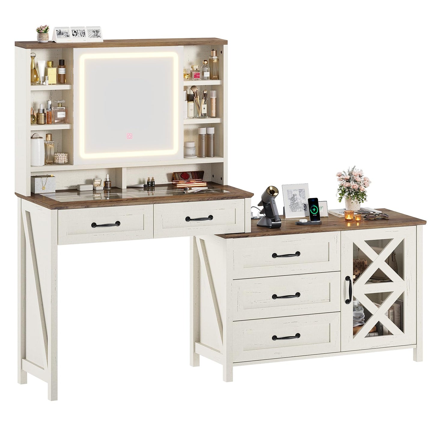 HAUOMS Farmhouse Vanity Desk with Openable Mirror and Lights, White Vanity Table with Drawer Dresser, Glass Top and Charging Station, Large Makeup Desk with 5 Drawers, 9 Shelves, Antique Whit - WoodArtSupply