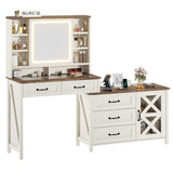 HAUOMS Farmhouse Vanity Desk with Openable Mirror and Lights, White Vanity Table with Drawer Dresser, Glass Top and Charging Station, Large Makeup Desk with 5 Drawers, 9 Shelves, Antique White HAUOMS