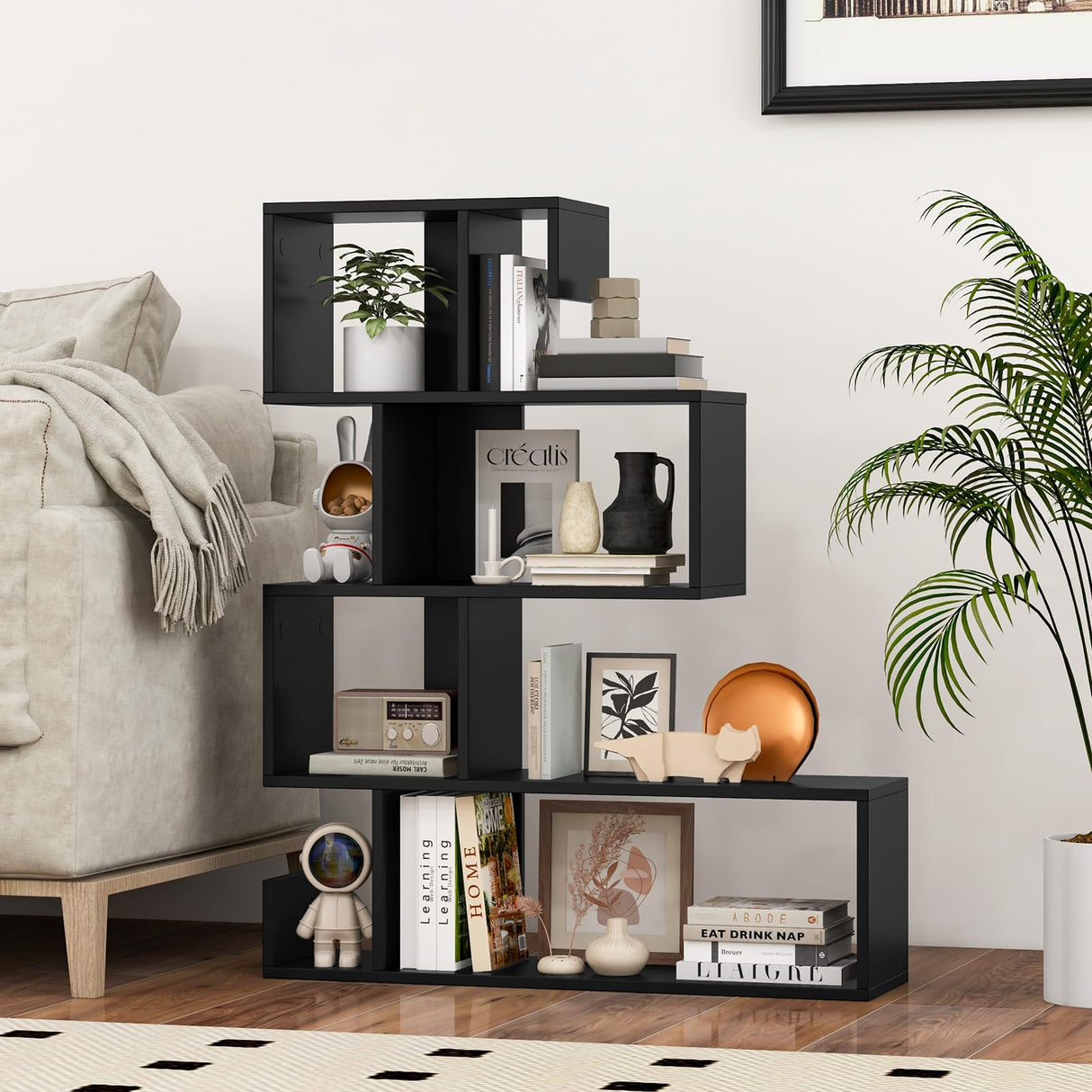 Giantex 5-Tier S-Shaped Bookshelf, Geometric Bookcase w/Open Cubes, Modern Decorative Display Shelf w/Anti-Toppling Kits, Freestanding Storage Rack for Living Room, Study, Home, Office, Black Giantex