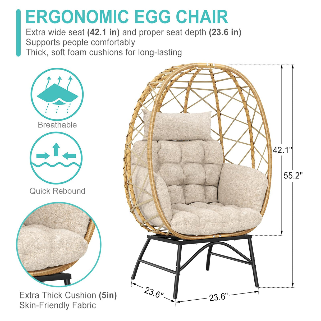 SWITTE Wicker Egg Chair Outdoor Indoor, Oversized Rattan Patio Lounge Chairs with Cushion for Backyard, Living Room, Steel Frame, 480lb Capacity-Cream SWITTE