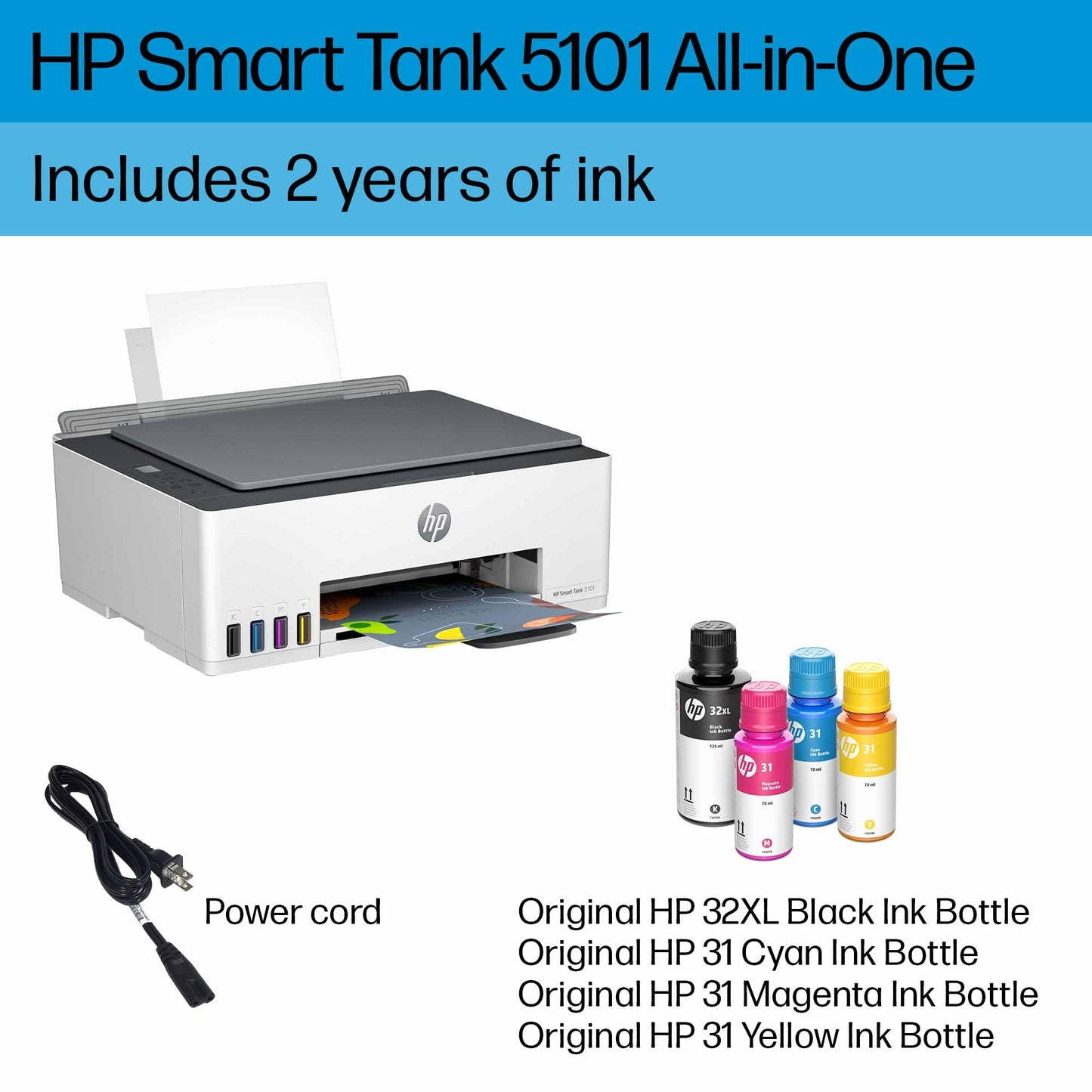 HP Smart Tank 5101 Wireless All-in-One Ink Tank Printer with 2 years of ink included,Print, scan, copy, Best-for-home, Refillable ink tank (1F3Y0A)