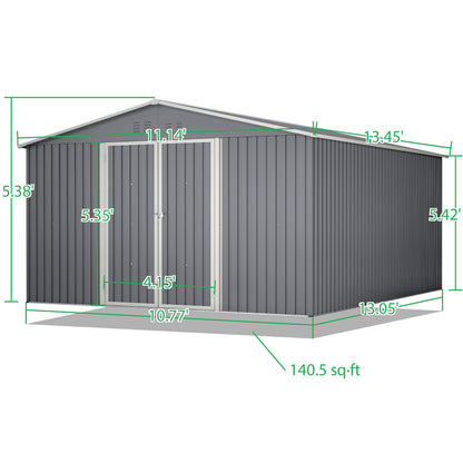 Thanaddo 11x13 FT Outdoor Storage Shed, Metal Steel Utility Tool Shed Storage House with Double Lockable Doors & Air Vent for Backyard Garden Patio Lawn Gray - WoodArtSupply