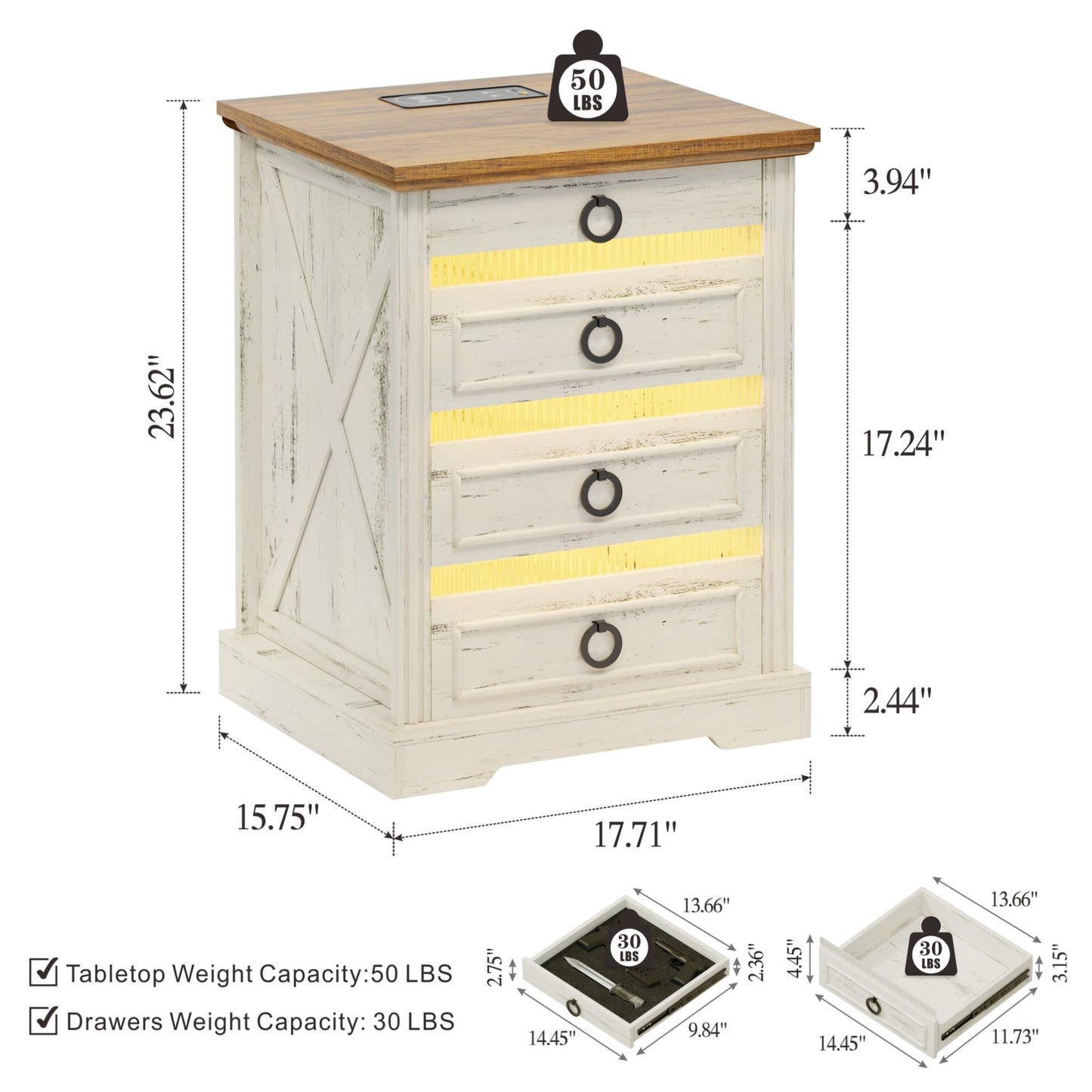 FREDEES Farmhouse Nightstand with Gun Drawer, Bedside Table with Charging Station, Night Stand Gun Holder with LED Light & Human Sensor, End Table for Bedroom Living Room, Antique White - WoodArtSupply