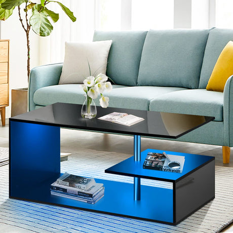 HOMMPA LED Coffee Tables for Living Room Modern Black Coffee Table with 3 Tiers Open Storage Shelf High Gloss Center Table Sofa Tea Table with LED Lights for Home Office Furniture Black HOMMPA