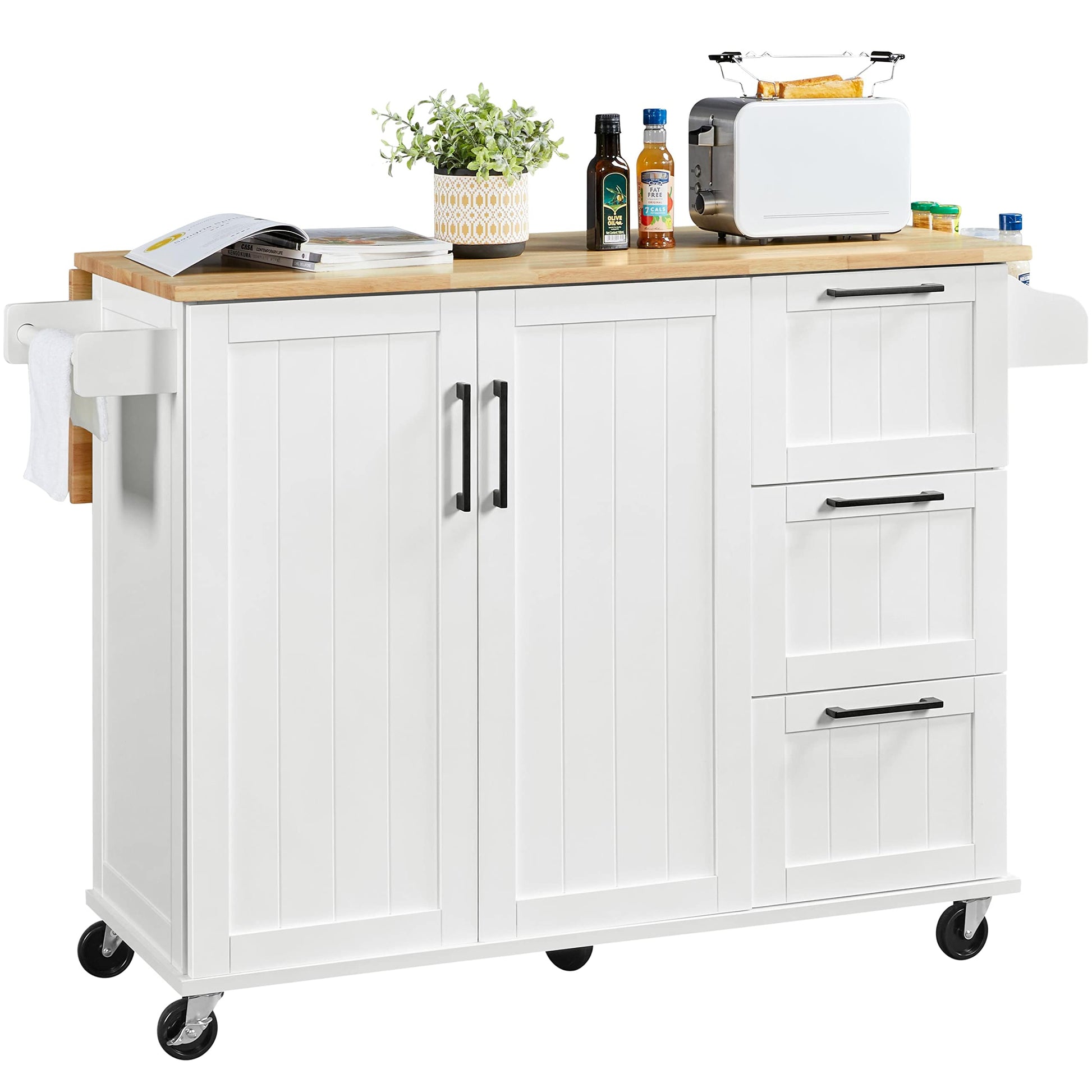 Yaheetech Kitchen Island with Drop-Leaf Breakfast Bar, 53" Width Kitchen Cart on 5 Universal Wheels with Rubberwood Top, Storage Cabinet, 3 Drawers, and Spice Rack for Dining Room, White - WoodArtSupply