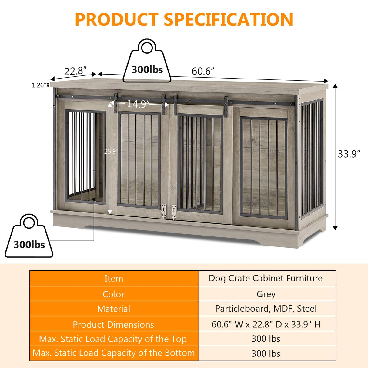 Yafylly 2-in-1 Double Dog Crate Furniture with Divider 60.6 Inch Grey Sturdy Dog Kennel TV Stand with 2 Sliding Doors and Thick Iron Door Frame for 2 Dogs Yafylly
