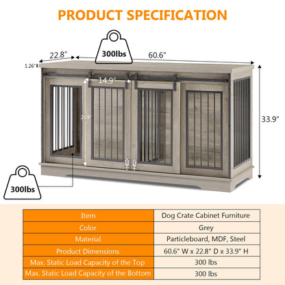 Yafylly 2-in-1 Double Dog Crate Furniture with Divider 60.6 Inch Grey Sturdy Dog Kennel TV Stand with 2 Sliding Doors and Thick Iron Door Frame for 2 Dogs - WoodArtSupply